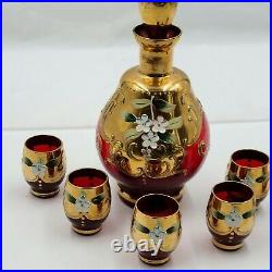 Vintage Decanter Set Red Glass Mid Century Hand Painted