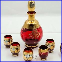 Vintage Decanter Set Red Glass Mid Century Hand Painted