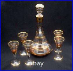Vintage Decanter set MidCentury MCM Genie Bottle with 5 Shot Glasses Gold