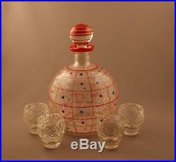 Vintage Deco Signed Czech Glass Crackle Decanter Set with Tumblers Dots c. 1930