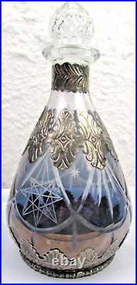 Vintage Decorative Ornate Art Nouveau Deco Etched Purple Glass Decanter, Bottle