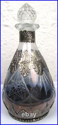 Vintage Decorative Ornate Art Nouveau Deco Etched Purple Glass Decanter, Bottle