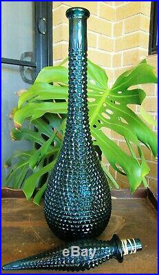 Vintage Deep Teal Blue Italian Art Glass Diamond Pattern Genie Bottle Decanter