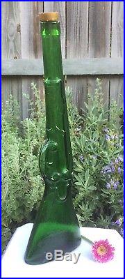 Vintage Depression Green Glass Rifle Gun Genie Bottle Size Rum Decanter Retro
