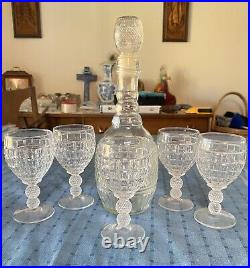 Vintage Diamond Cut Glass Decanter MD 1975 Mogen David Set With Matching Glasses