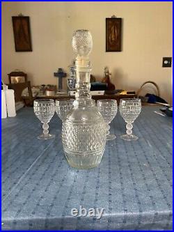 Vintage Diamond Cut Glass Decanter MD 1975 Mogen David Set With Matching Glasses