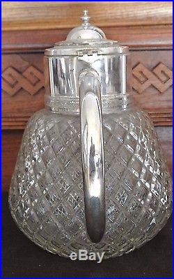 Vintage Diamond Cut Glass Pitcher With Silver Top And Inside Ice Holder