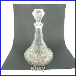 Vintage Diamond Cut Large Ships Decanter with Stopper Clear Glass Iridescent