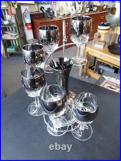 Vintage Dorothy Thorpe Spiral Caddy with Silver Rimmed Glasses & Decanter