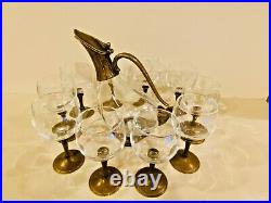 Vintage Duck Goose Glass and brass decanter with 10 goblets made in Italy