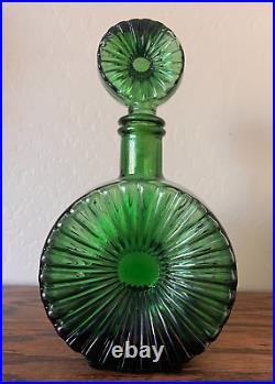 Vintage EMPOLI Green Glass Sunburst Decanter Bottle with Stopper Made in Italy