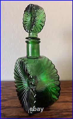 Vintage EMPOLI Green Glass Sunburst Decanter Bottle with Stopper Made in Italy