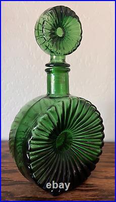 Vintage EMPOLI Green Glass Sunburst Decanter Bottle with Stopper Made in Italy