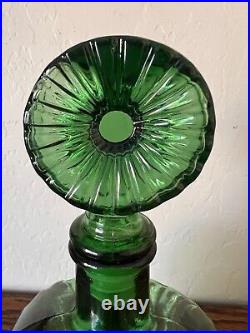 Vintage EMPOLI Green Glass Sunburst Decanter Bottle with Stopper Made in Italy