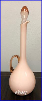Vintage EMPOLI Peachy Pink Blown Art Case Glass Decanter/Applied Handle / Italy