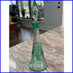 Vintage Emerald Green Cut Glass Decanter with Stopper Tall Tapered Barware