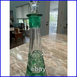 Vintage Emerald Green Cut Glass Decanter with Stopper Tall Tapered Barware