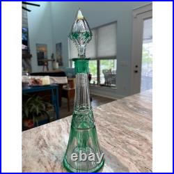 Vintage Emerald Green Cut Glass Decanter with Stopper Tall Tapered Barware