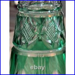 Vintage Emerald Green Cut Glass Decanter with Stopper Tall Tapered Barware