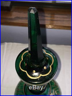 Vintage Emerald Green Hand Blown Glass Decanter, Hand Painted Gold, Hearts, 18