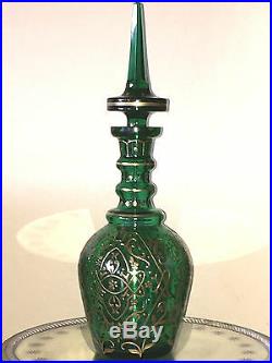 Vintage Emerald Green Hand Blown Glass Decanter, Hand Painted Gold, Hearts, 18