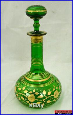 Vintage Emerald Green Heavy Glass Gold Gilded Leaves & Rose Decanter withPlate L5Y