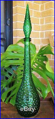 Vintage Emerald Green Italian Art Glass Bubble Pattern Genie Bottle Decanter