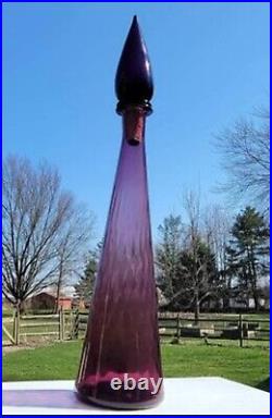 Vintage Empoli 21-1/2 Optic Art Glass Purple Amethyst Genie Bottle Decanter