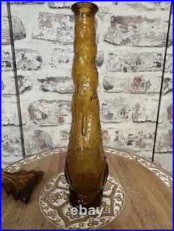 Vintage Empoli Amber Glass Genie Bottle Decanter Dolphin Fish MCM Italy 15.5