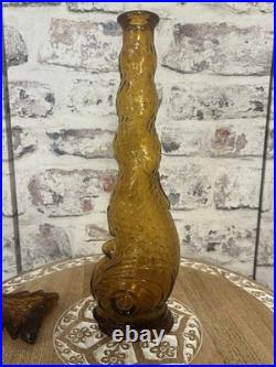 Vintage Empoli Amber Glass Genie Bottle Decanter Dolphin Fish MCM Italy 15.5