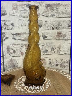 Vintage Empoli Amber Glass Genie Bottle Decanter Dolphin Fish MCM Italy 15.5