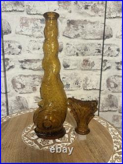 Vintage Empoli Amber Glass Genie Bottle Decanter Dolphin Fish MCM Italy 15.5