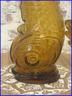 Vintage Empoli Amber Glass Genie Bottle Decanter Dolphin Fish MCM Italy 15.5