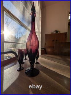 Vintage Empoli Amethyst Glass Genie Bottle 17 Decanter w Stopper & 6 cup set