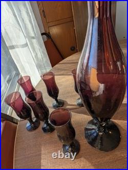 Vintage Empoli Amethyst Glass Genie Bottle 17 Decanter w Stopper & 6 cup set