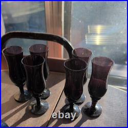 Vintage Empoli Amethyst Glass Genie Bottle 17 Decanter w Stopper & 6 cup set