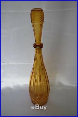 Vintage Empoli Art Glass Amber Diamond Point 20.5 Genie Bottle Decanter
