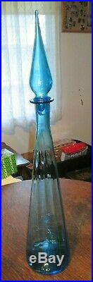 Vintage Empoli Art Glass Super Tall Sky Blue Genie Bottle/ Decanter