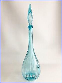 Vintage Empoli Blue Glass Genie Bottle & Stopper Ribbed Italy MCM Decanter 21.5