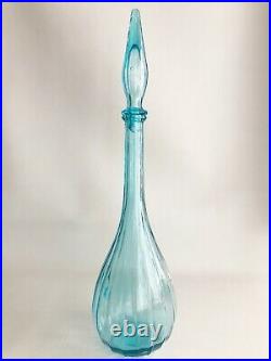 Vintage Empoli Blue Glass Genie Bottle & Stopper Ribbed Italy MCM Decanter 21.5