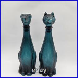 Vintage Empoli Bottle Decanter Set Cat & Dog Italian Teal Glass