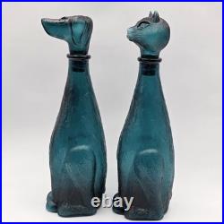 Vintage Empoli Bottle Decanter Set Cat & Dog Italian Teal Glass