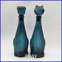 Vintage Empoli Bottle Decanter Set Cat & Dog Italian Teal Glass