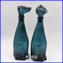 Vintage Empoli Bottle Decanter Set Cat & Dog Italian Teal Glass