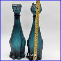 Vintage Empoli Bottle Decanter Set Cat & Dog Italian Teal Glass