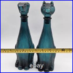 Vintage Empoli Bottle Decanter Set Cat & Dog Italian Teal Glass