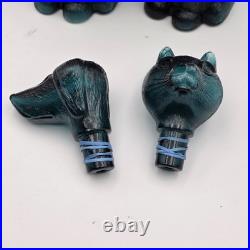 Vintage Empoli Bottle Decanter Set Cat & Dog Italian Teal Glass