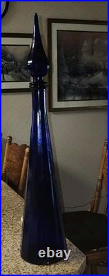Vintage Empoli Decanter Cobalt Blue Paneled Glass Flame Topper 25.25 VAE On Base