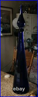 Vintage Empoli Decanter Cobalt Blue Paneled Glass Flame Topper 25.25 VAE On Base