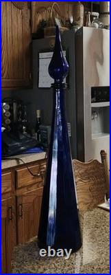 Vintage Empoli Decanter Cobalt Blue Paneled Glass Flame Topper 25.25 VAE On Base